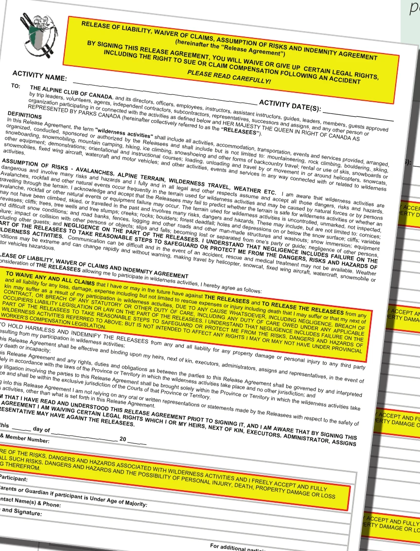 The ACC release of liability, waiver of claims, assumption of risks and indemnity agreement, as reproduced in the 2017 handbook