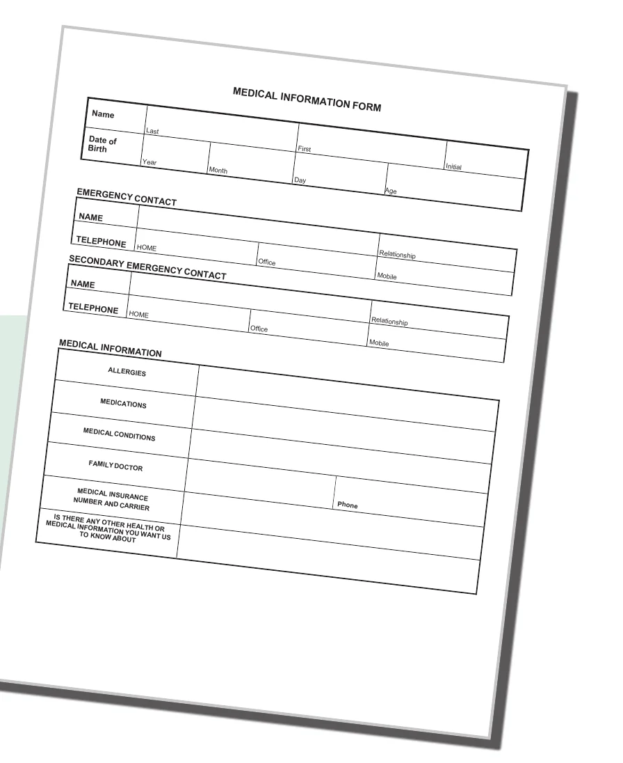 A blank ACC medical information form, with fields for emergency contacts, allergies, medications, medical conditions, family doctor, and medical insurance