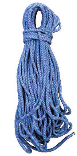 A coiled blue dynamic climbing rope