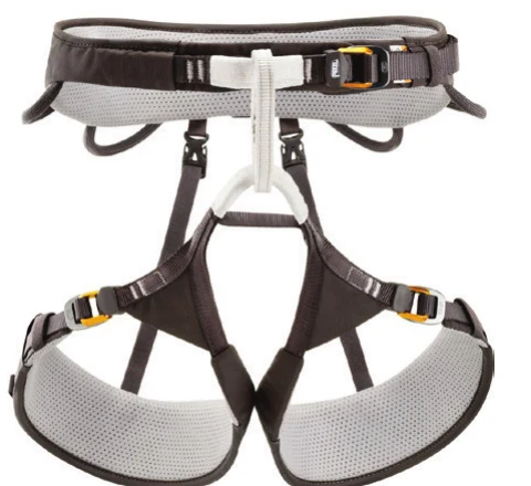 A recreational climbing sit harness with waist belt, leg loops, tie-in points, and belay loop