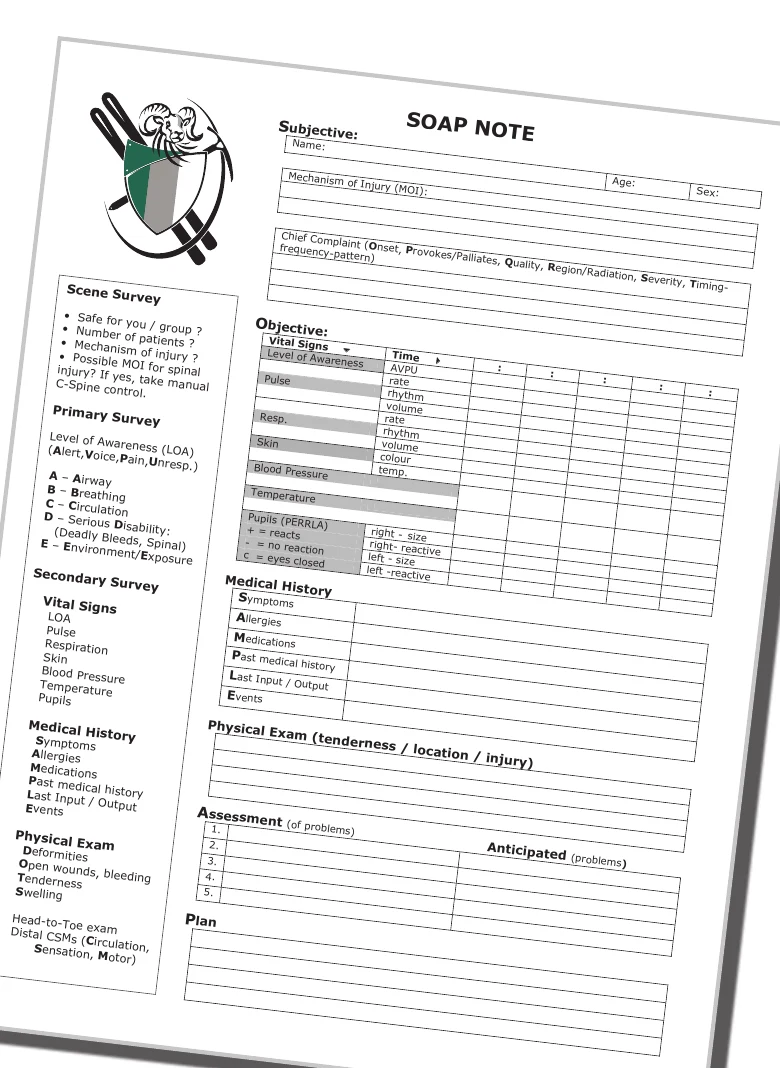 Un formulaire SOAP vierge, avec les sections enquête de la scène, examens primaire et secondaire, signes vitaux, dossier médical, examen physique, évaluation et plan