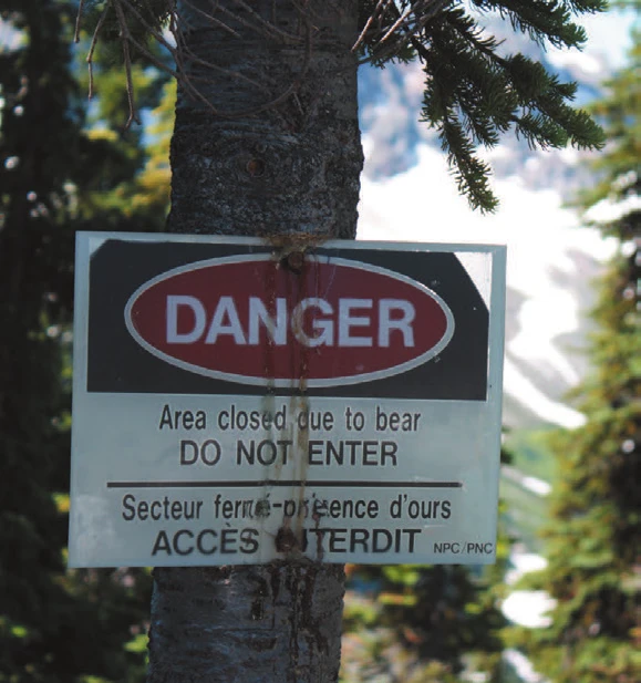 Un panneau de Parcs Canada cloué à un arbre indiquant « Danger — secteur fermé en raison d’un ours, ne pas entrer » en français et en anglais