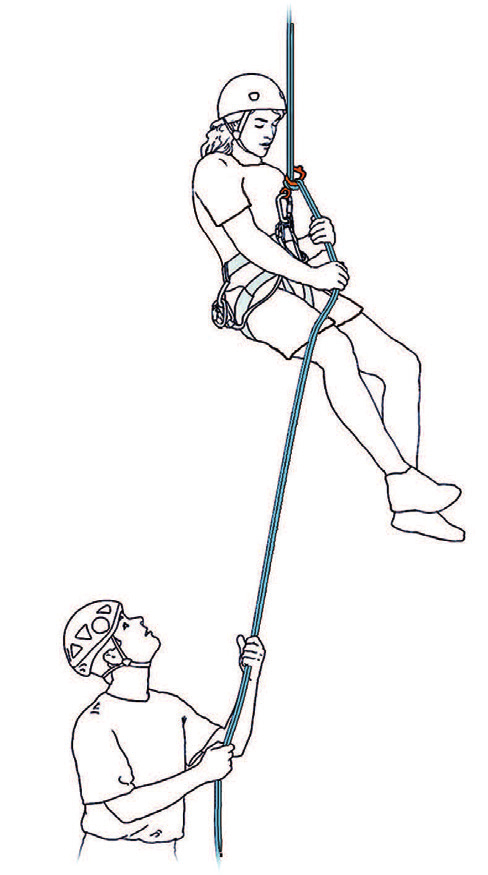 Un grimpeur descendant en rappel pendant qu’une deuxième personne au sol contrôle les brins de freinage (© Petzl)